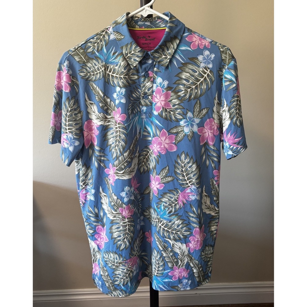 Birdie Bound Polo Shirt Mens Small Blue Tropical Floral Golf Performance